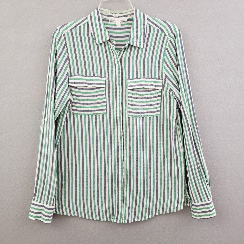 Seven 7‎ For All Mankind M Button Front Shirt Green Blue Striped Roll Tab Sleeve